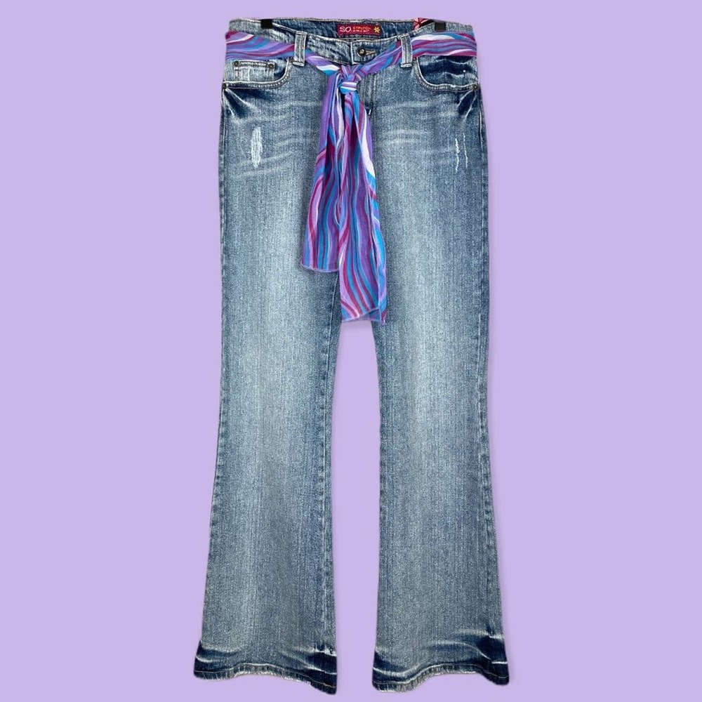 NWT Deadstock Sz 5 Vintage Distressed Painted Chiffon Belt Flared Jeans Y2K